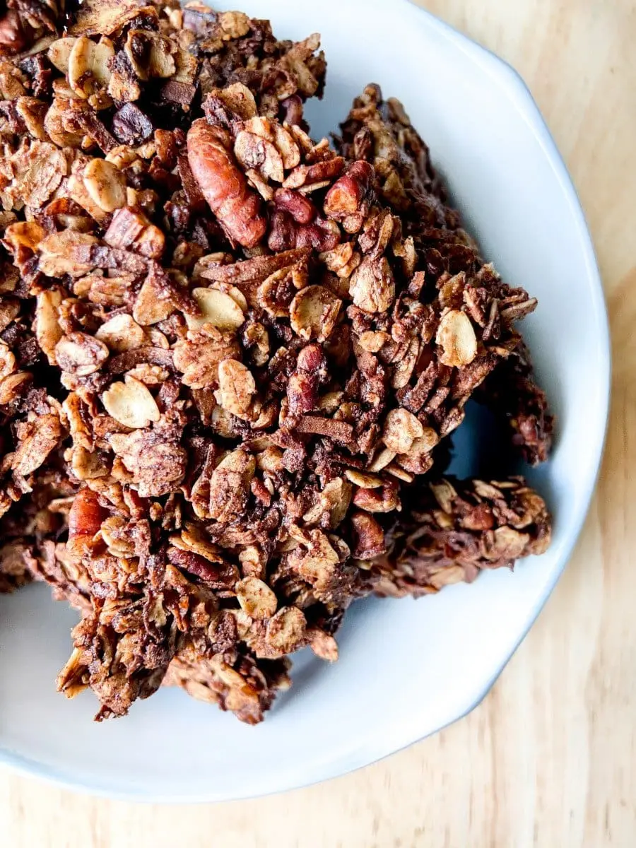 Chocolate Coconut Pecan Granola Clusters in a bowl