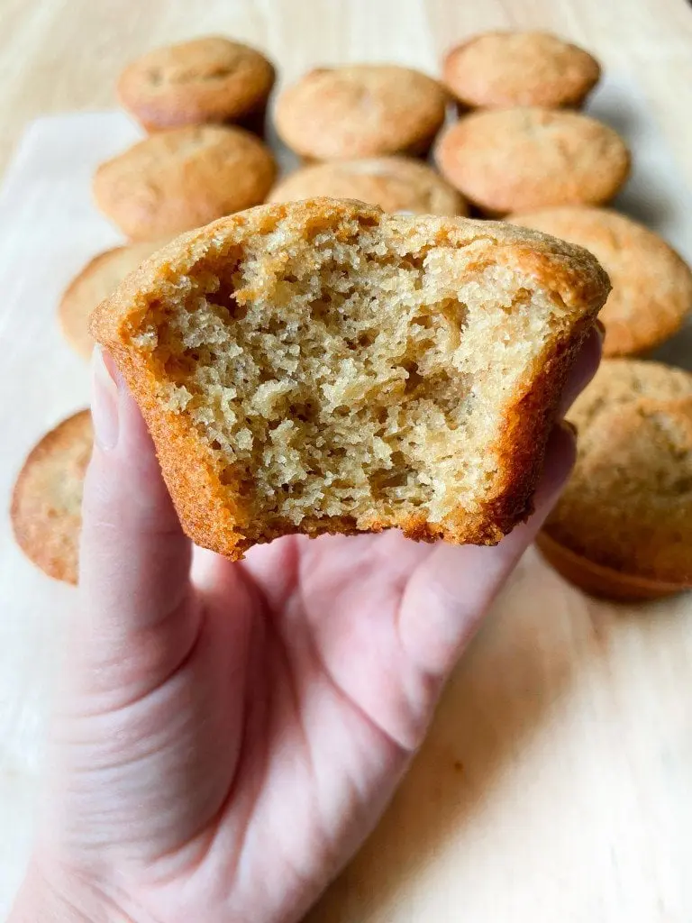 A hand holding a banana muffin with a bite out of it. 