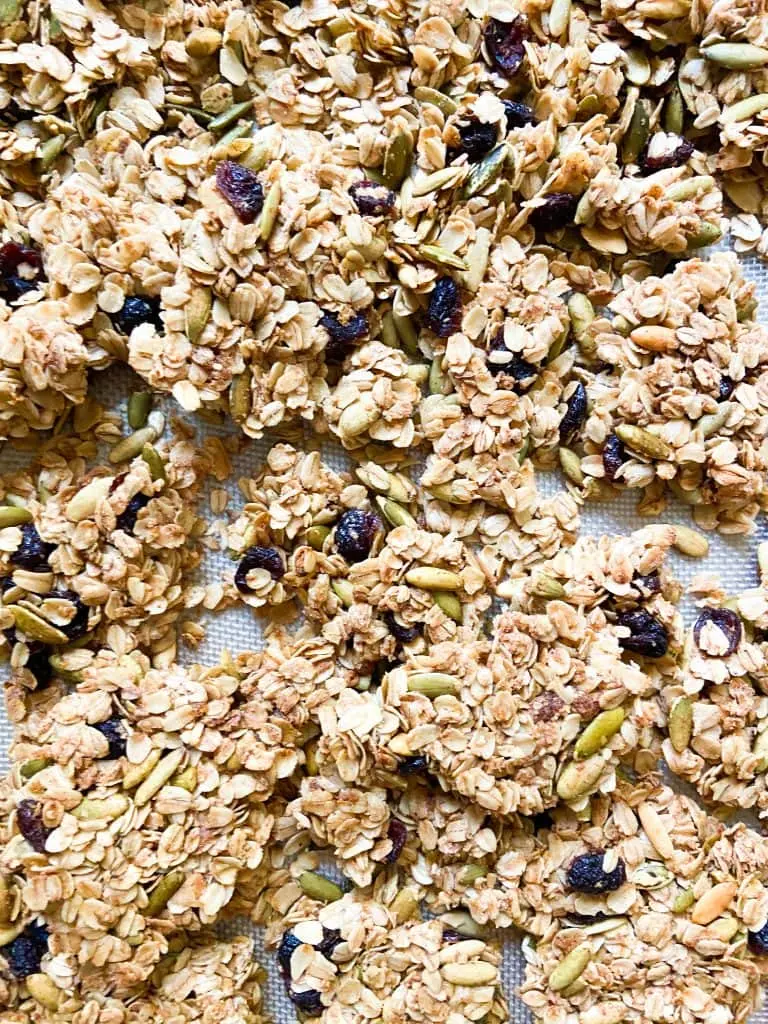 A close-up of granola on a tray.