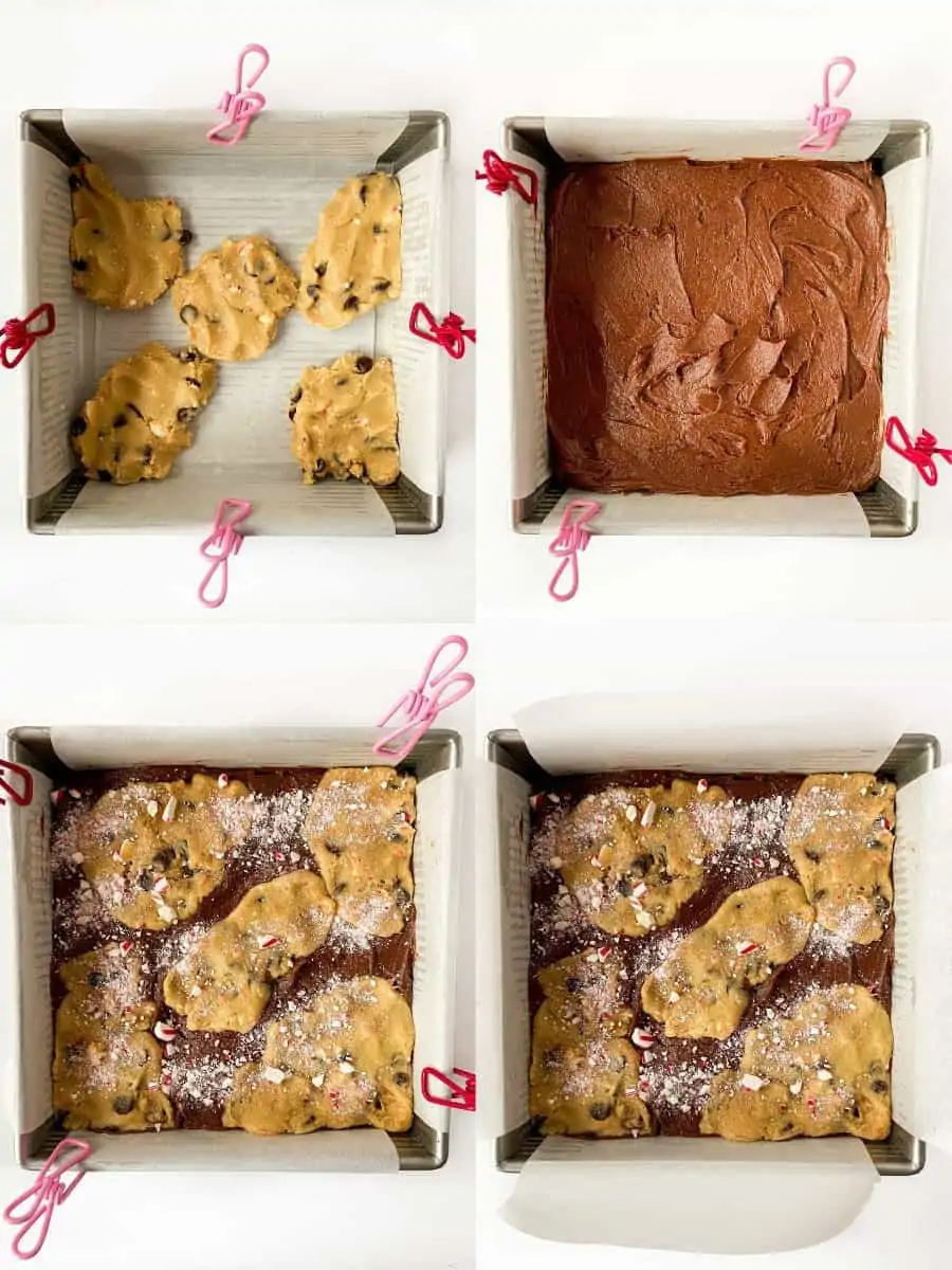 The brookie process, step-by-step, with brownie batter and cookie dough. 