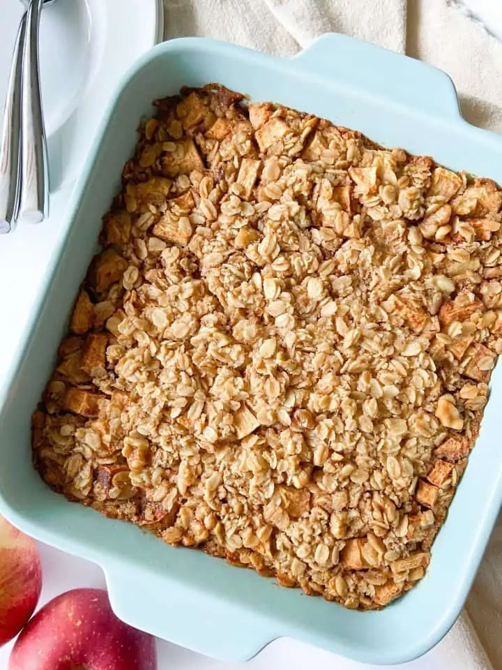 Baked apple oatmeal in an 8-inch baking dish.