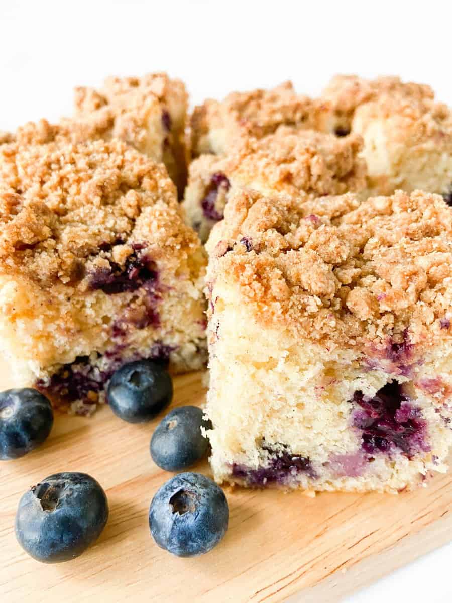 a selection of blueberry crumb cake slices