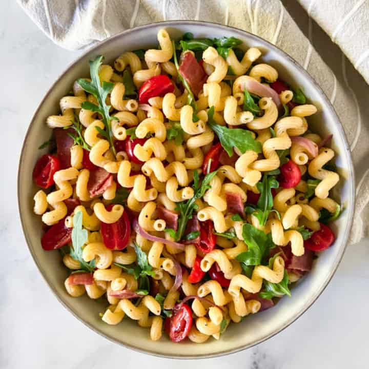 Pasta salad in a bowl.