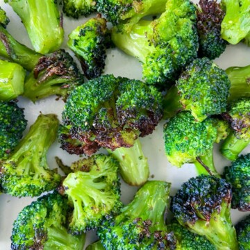 A close up of air fried broccoli.