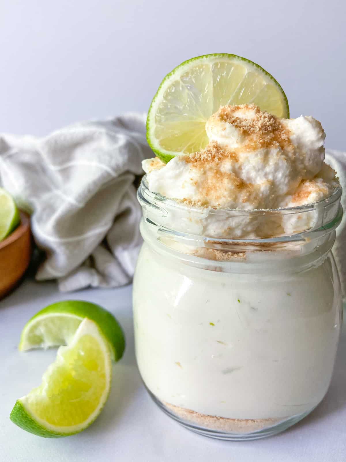 Lime cheesecake fluff in a jar.