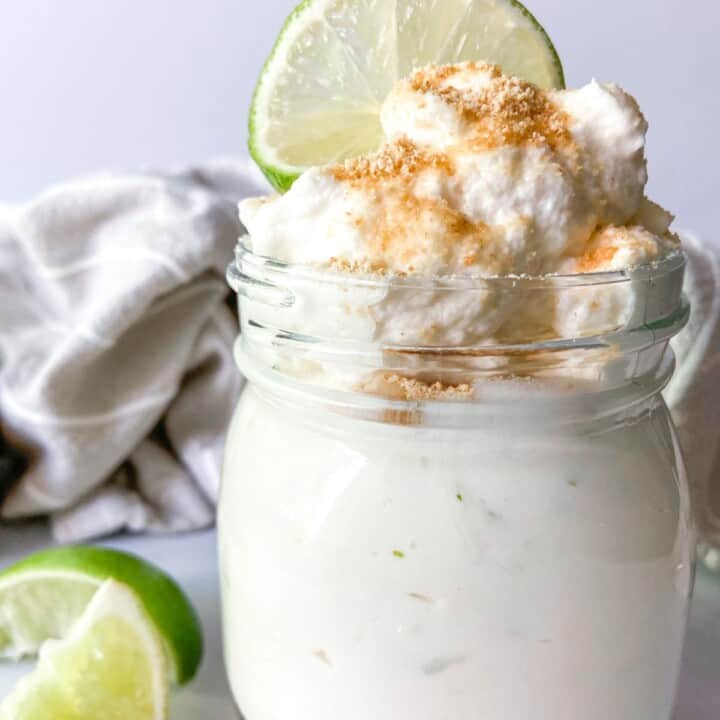 Lime cheesecake fluff in a jar.