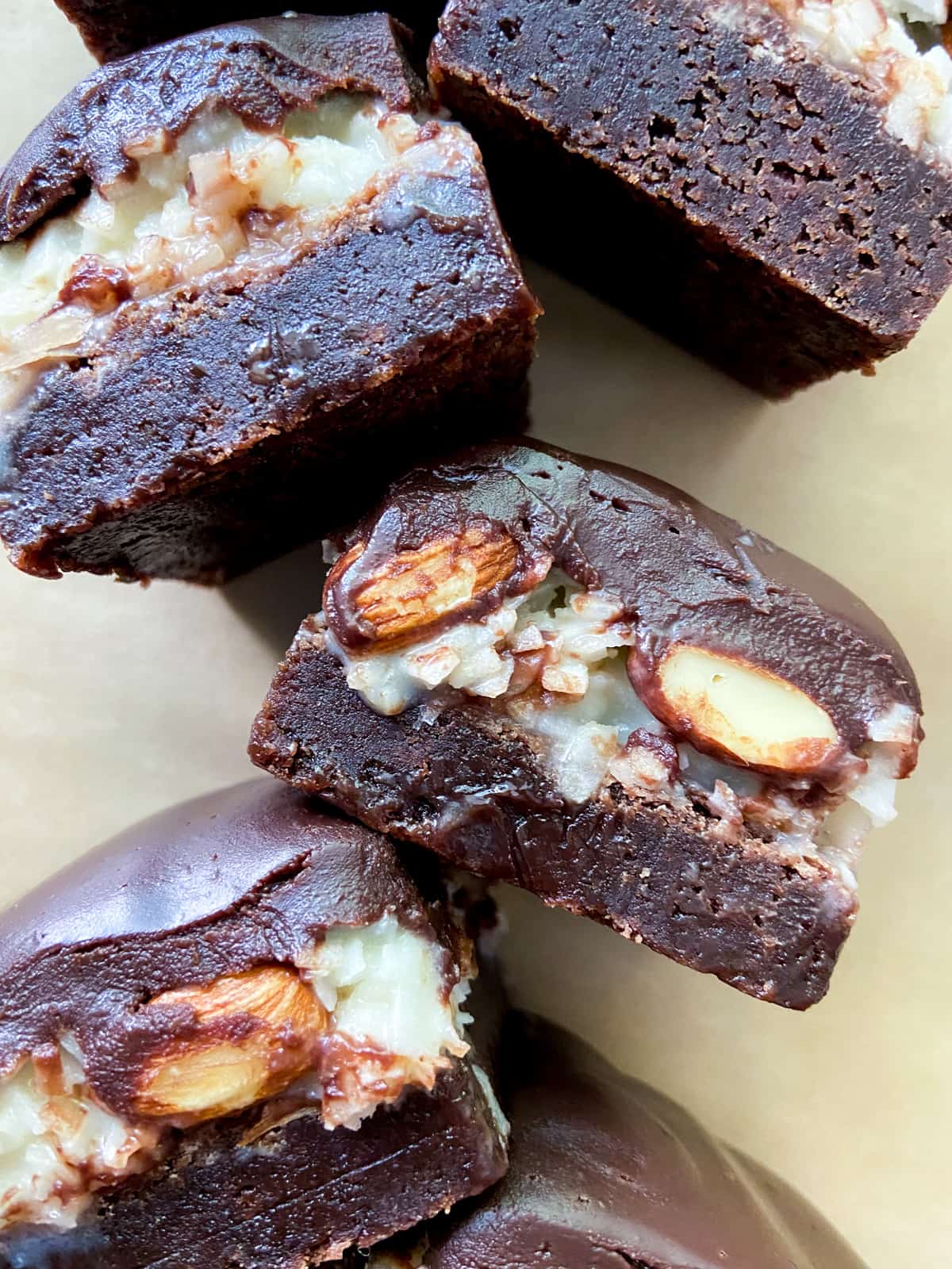 A close-up of almond joy brownies.