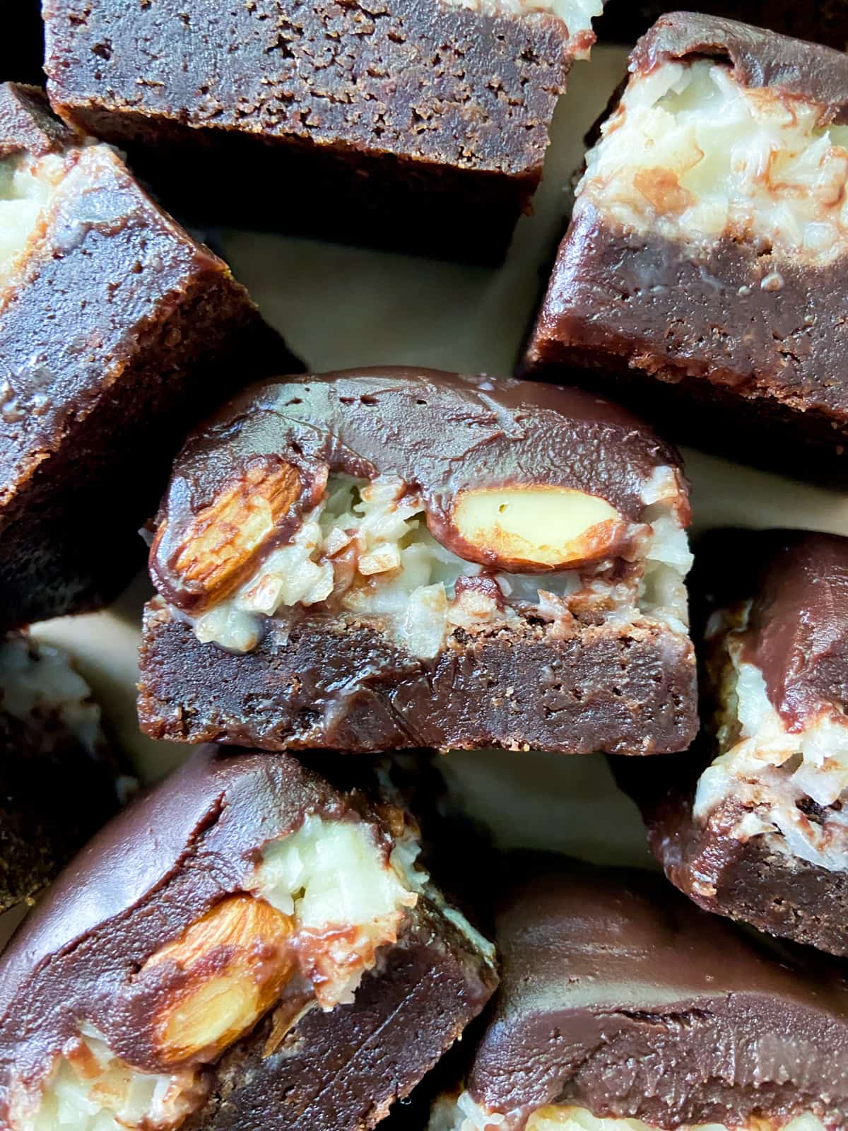A close-up of an almond joy brownie.