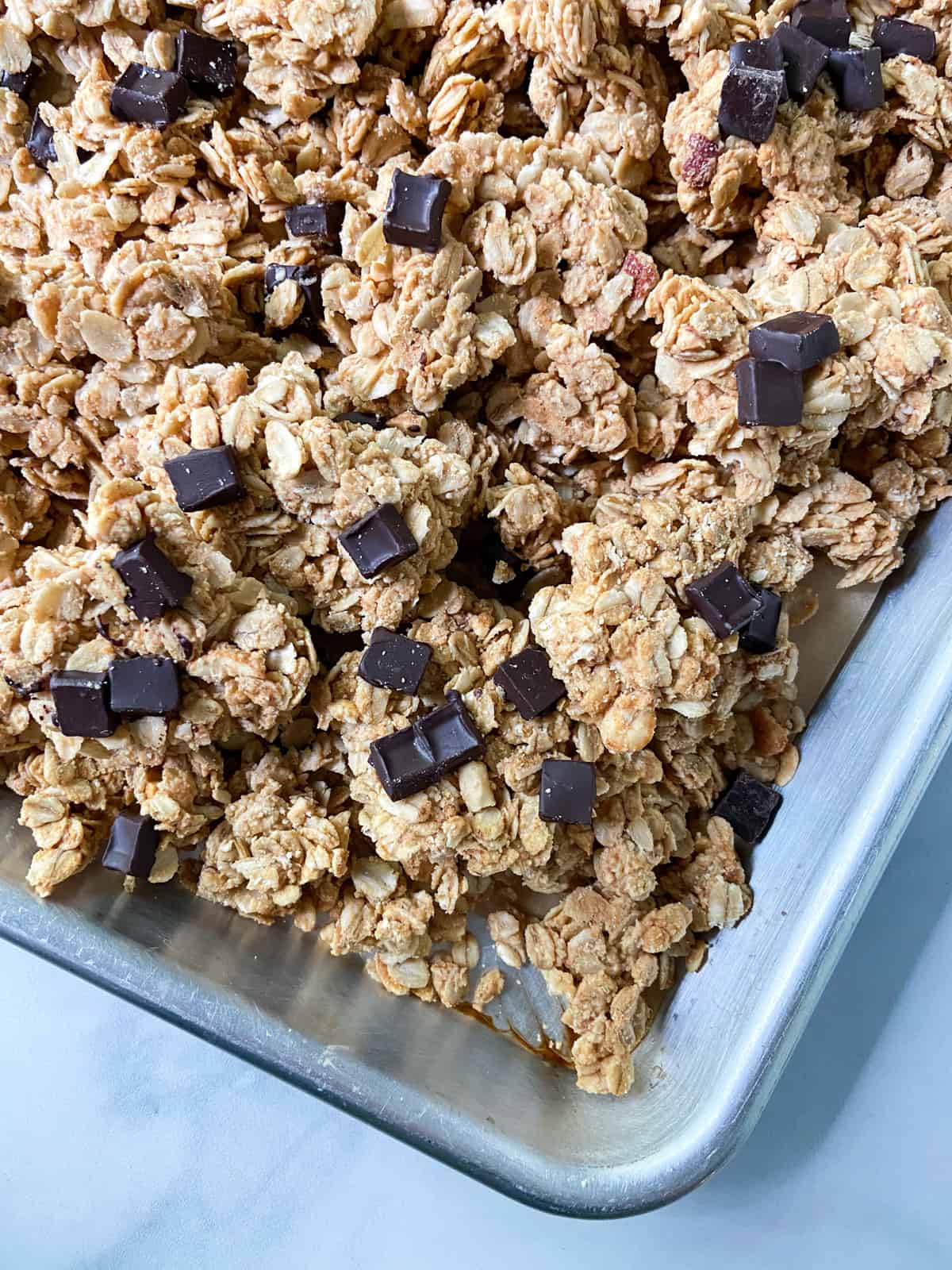 A tray full of peanut butter granola clusters.