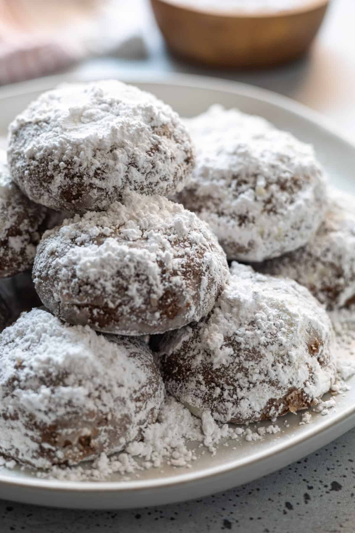 A pile of powdered sugar mocha cookies on a plate.