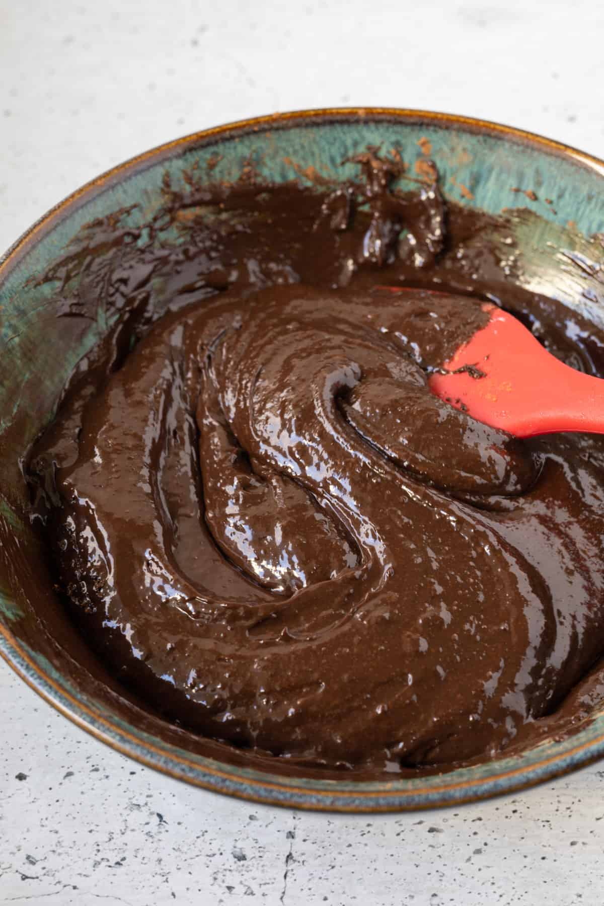 The chocolate truffle mixture stirred together until smooth.
