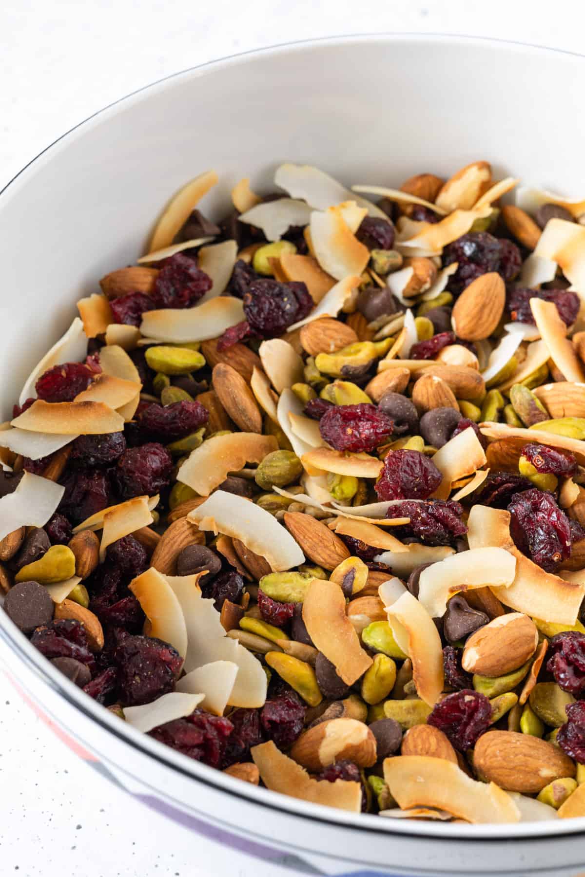 A large bowl of trail mix.