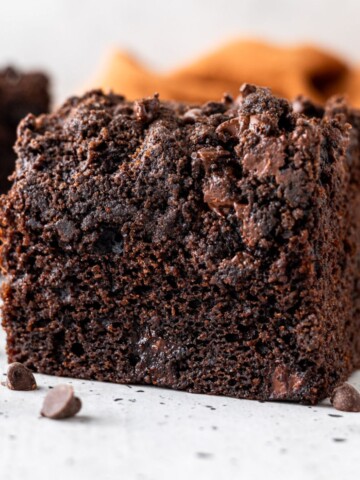 A slice of chocolate crumb cake.